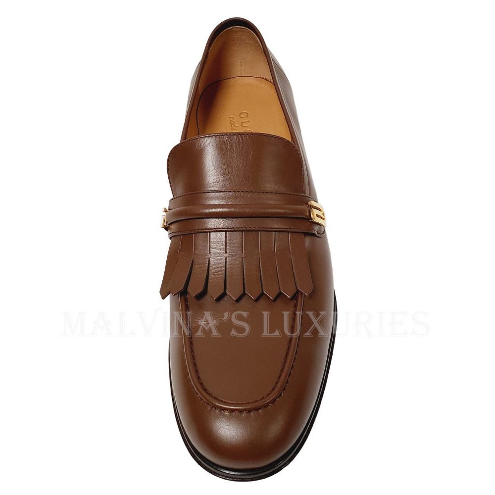 GUCCI SHOES MENS MIRRORED G FRINGED DETAIL BROWN LOAFERS sz US 10.5 - Picture 10 of 16